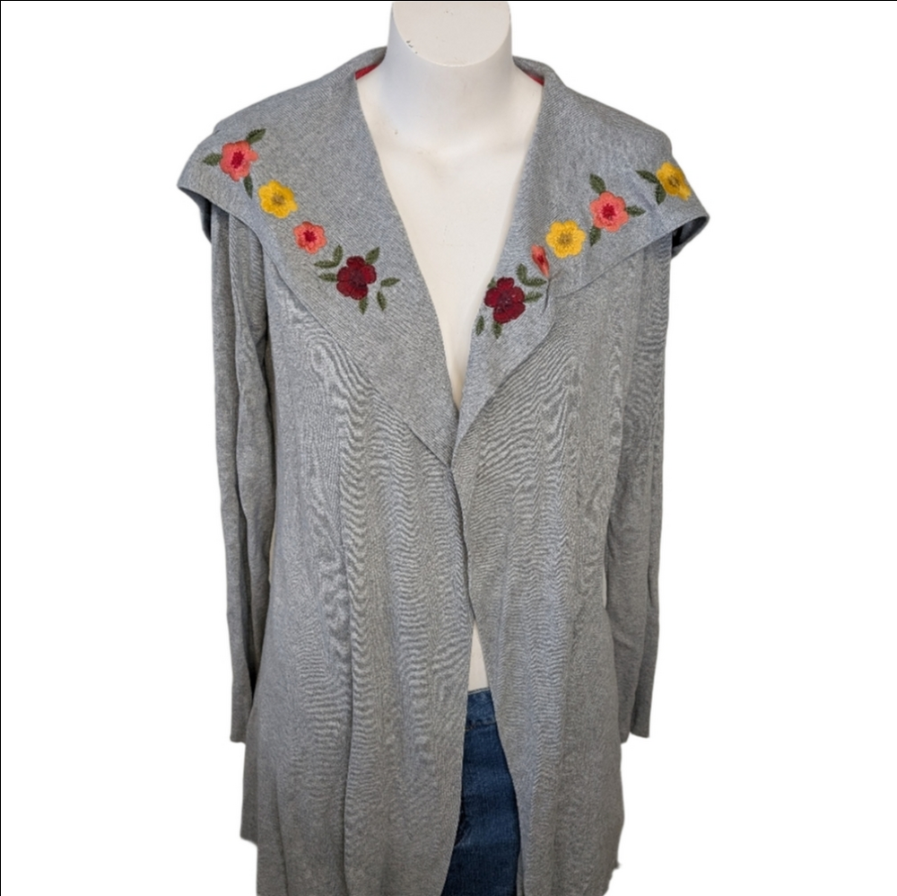 Cardigan Hooded Open Front Embroidery NWT